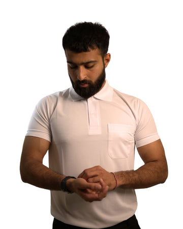 Drill Commander – Tactical White Collar Polo Tee (Dry-fit dotted polyester) Dual chest pockets | Structured collar | Soft-duty series