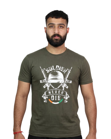 Soldier Never Dies Olive Green Cotton Round Neck T-Shirt
