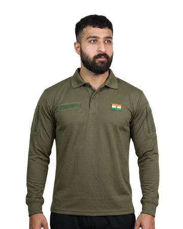 Olive Green Full Sleeve Collared Polyester Matty Tactical T-Shirt