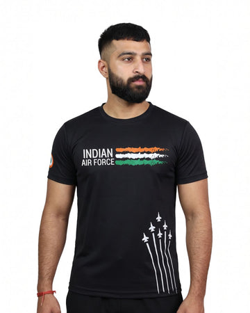 Indian Air Force Black Polyester Matty Round Neck T-Shirt
