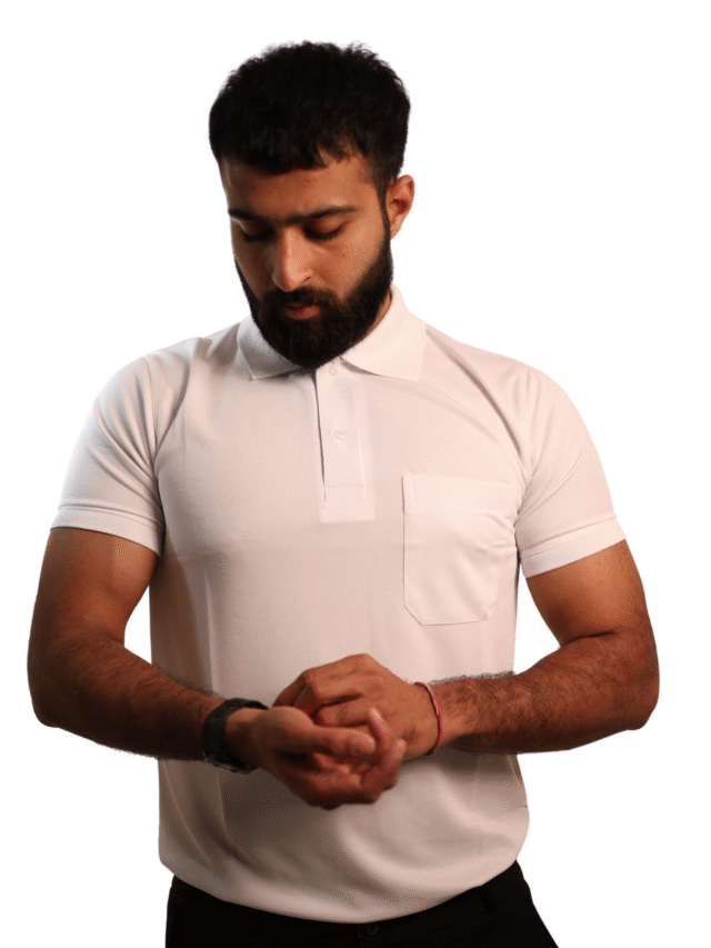 Drill Commander – Tactical White Collar Polo Tee (Cotton) chest pockets | Structured collar | Soft-duty series
