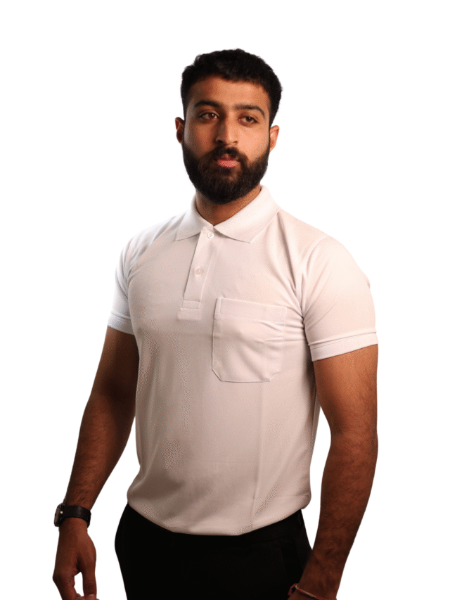 Drill Commander – Tactical White Collar Polo Tee (Cotton) chest pockets | Structured collar | Soft-duty series